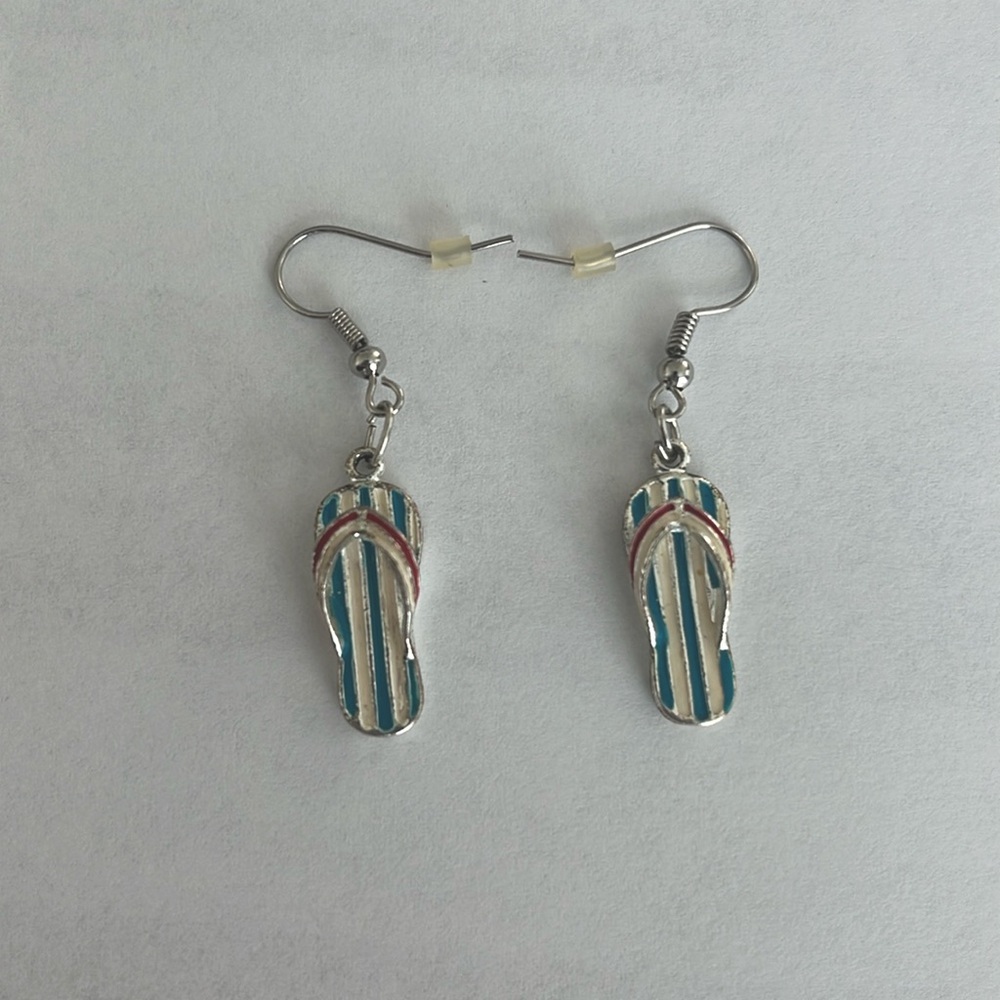 Metal striped blue and white Flip flop earrings